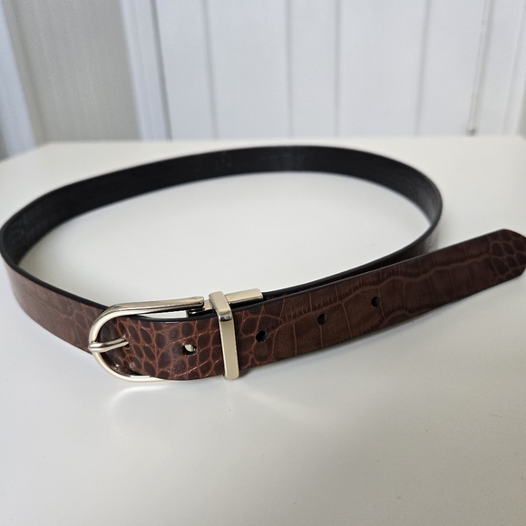 Halogen Reversible Crocodile Embossed Belt Brown & Black Gold Buckle Women's L - Picture 1 of 7